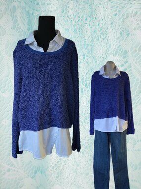 Extra Touch Blue & Metallic 2-in-1 Pullover Sweater Preppy Vtg. Knit Academia